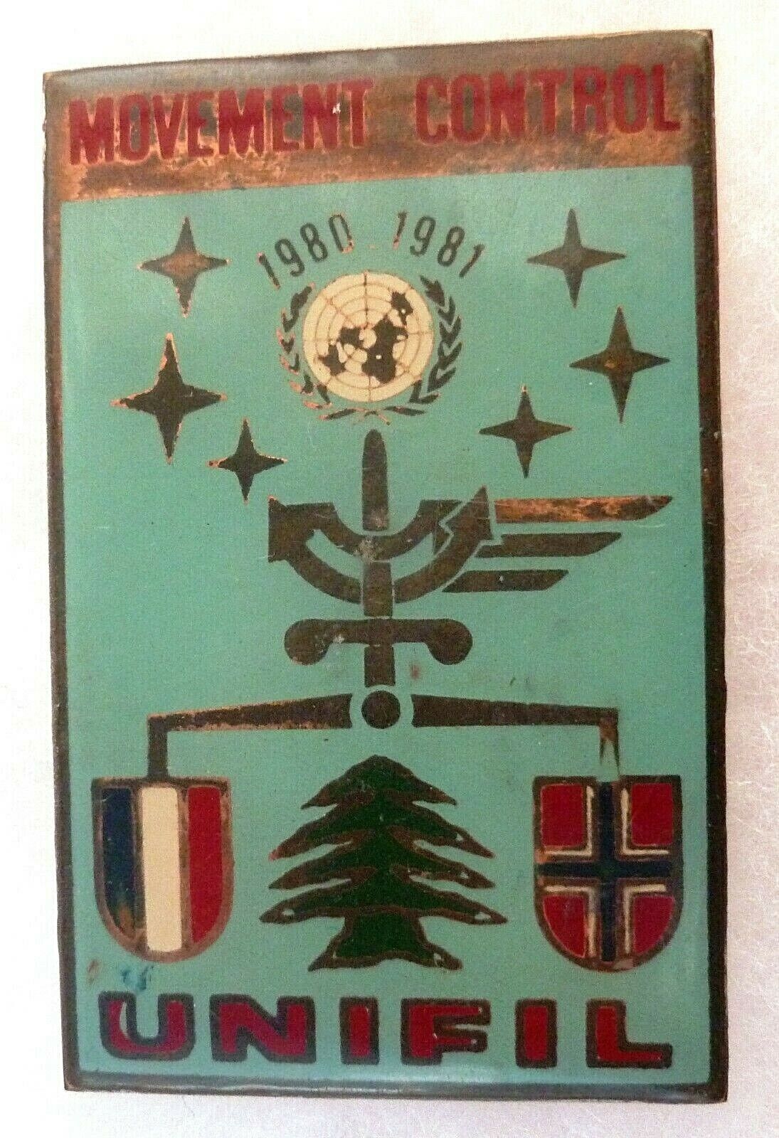 MOVEMENT CONTROL FINUL LIBAN UNIFIL 1980 1981 UN FAB. badge ORIGINAL local 