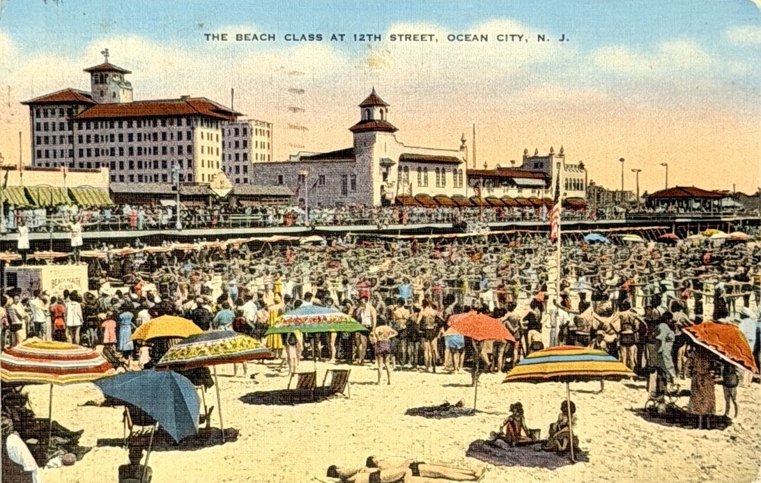 Ocean City NJ Vintage Linen Postcard The Beach Class 12th St Flanders Hotel 1941