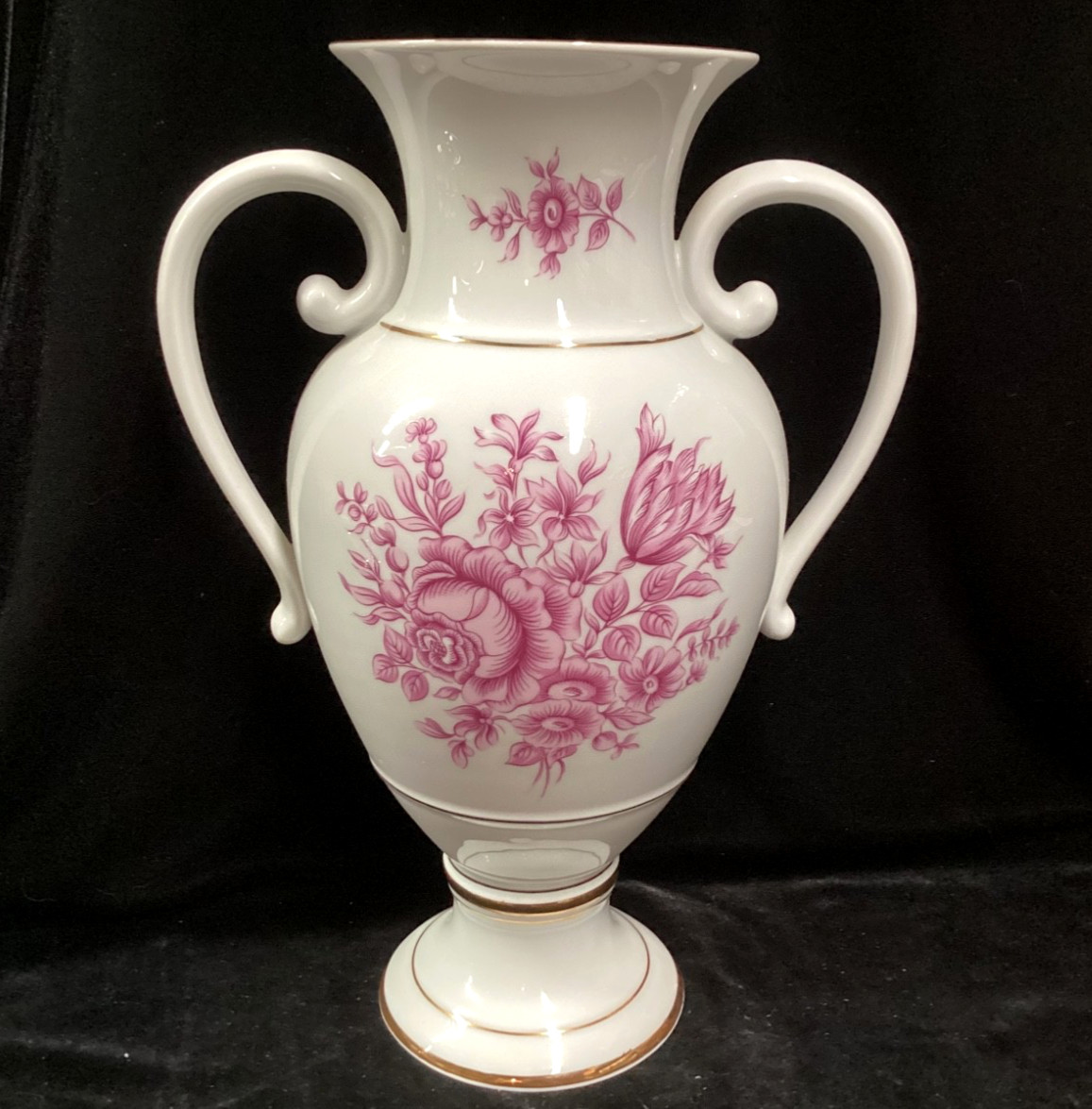 Vintage Hollohaza Hungary Porcelain Pink Raspberry Gold Urn Vase 11.5
