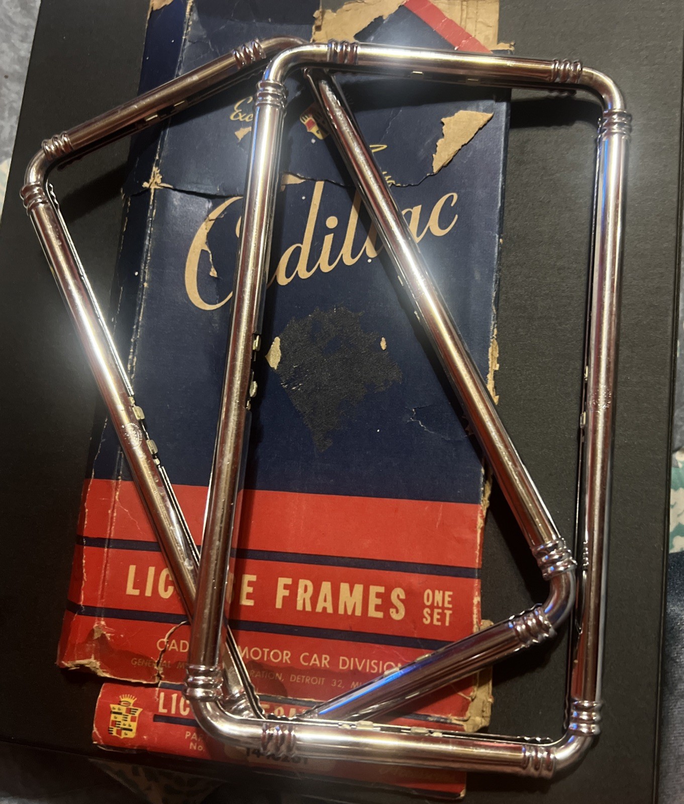 Vintage 1940s Cadillac Metal License Plate Frames In Original Box Vintage 1940s Cadillac Metal License Plate Frames In Original Box