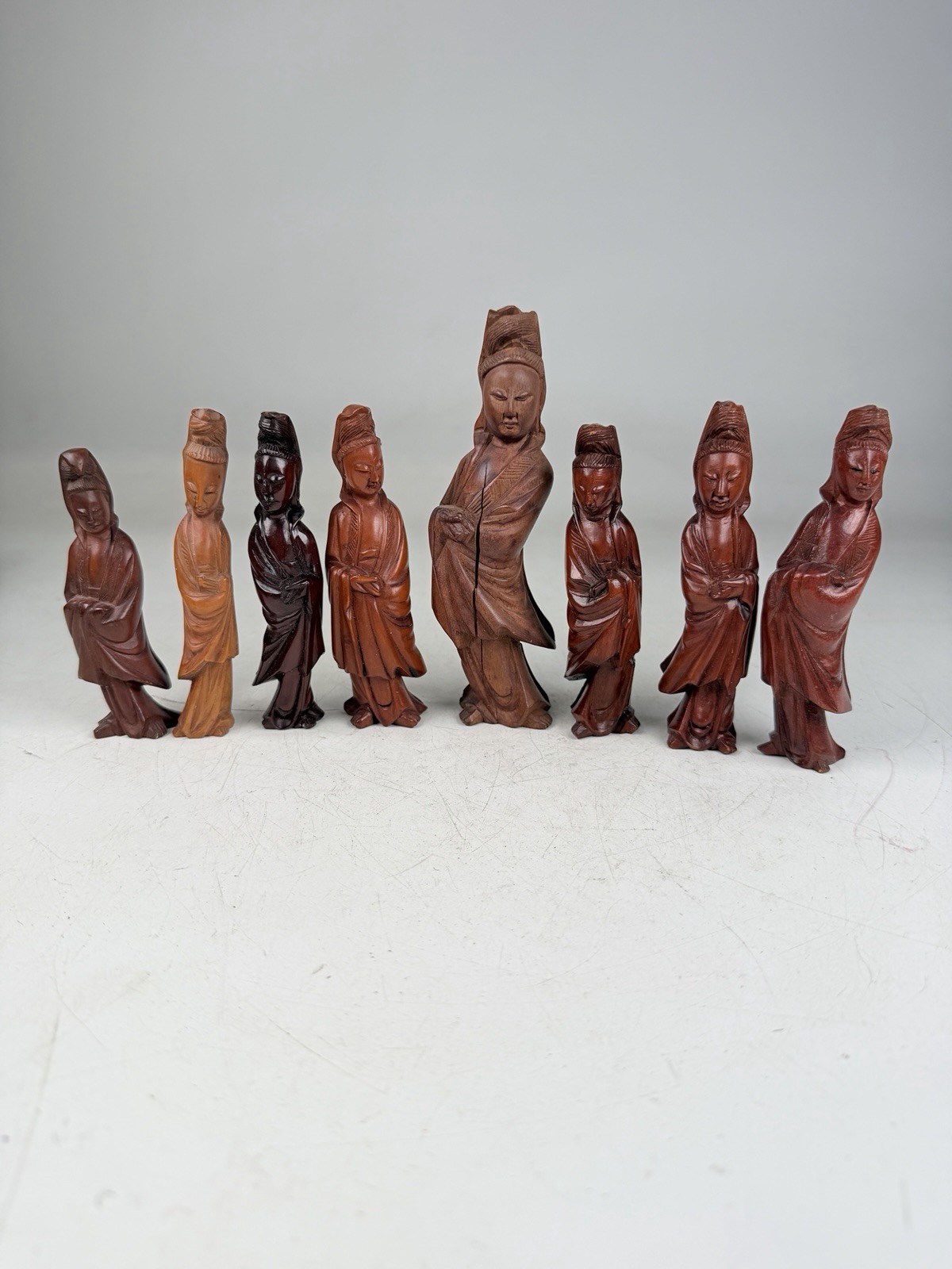 8 Vintage Chinese Carved Wood Figures Immortals Maidens Boxwood Statue Lot