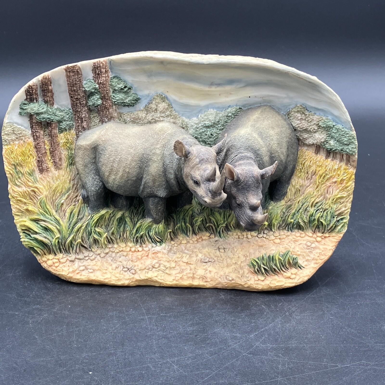 VTG Porcelain Enesco RHINOCERUS Figurine Pair Relief SceneDetailed. RARE. HEAVY