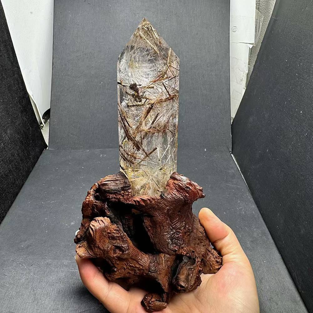 1.23LB Natural Rutilated Quartz Obelisk Energy Tower Cystal Reiki Decor+Stand