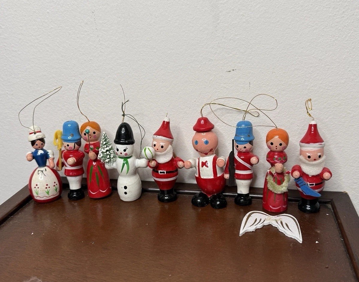 Vintage Miniature Small Wooden Christmas Ornaments Santa Angel Snowman Lot of 9