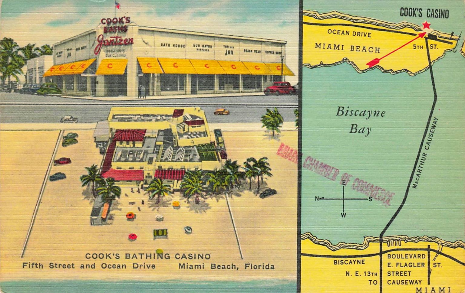 Cook's Bathing Casino Miami Beach FL Linen Postcard 1940s Ocean Drive Map Cook's Bathing Casino Miami Beach FL Linen Postcard 1940s Ocean Drive Map
