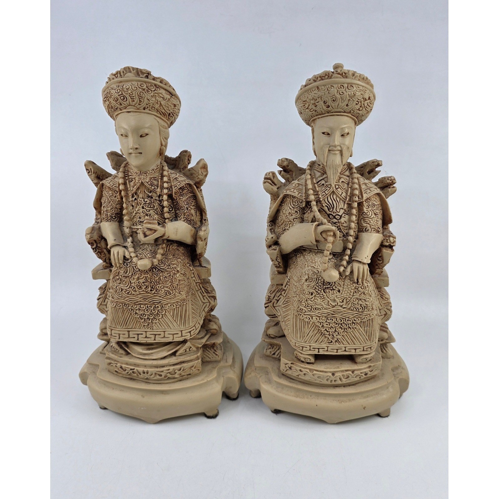 Vintage Chinese Emperor Empress Resin Statues Faux Carved Figurines Set of 2