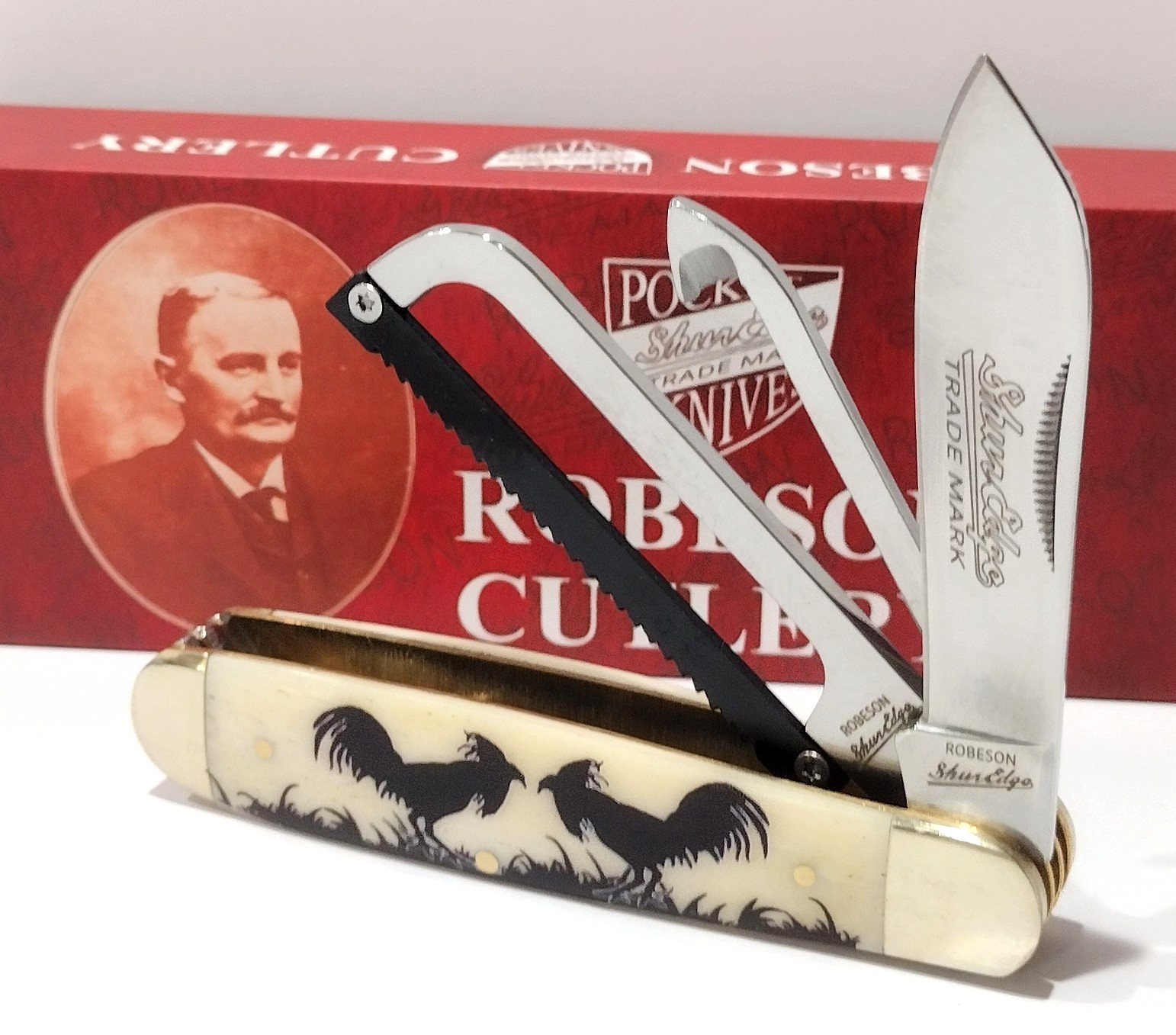 Robeson Gamecock Rooster White Bone Folding Knife w/ Saw Hoof Pick Camping Tool