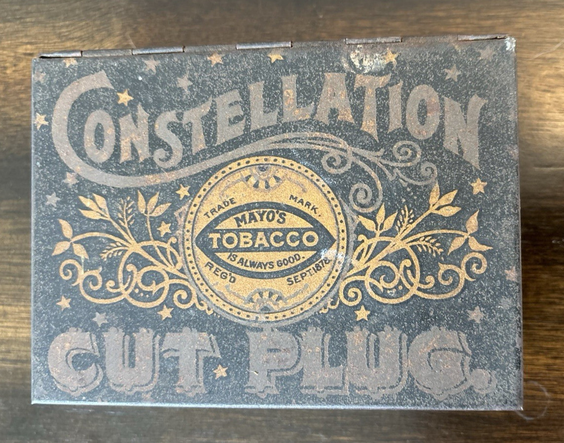 Vintage 1890' Mayo’s Constellation Cut Plug Tobacco Tin Black & Gold Advertising