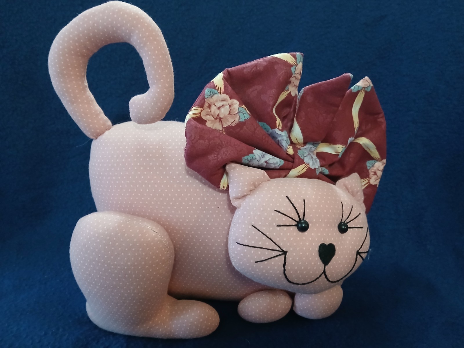 Vintage Handmade Floral Cat Doorstop Stuffed Fabric Kitty Cottagecore Farmhouse