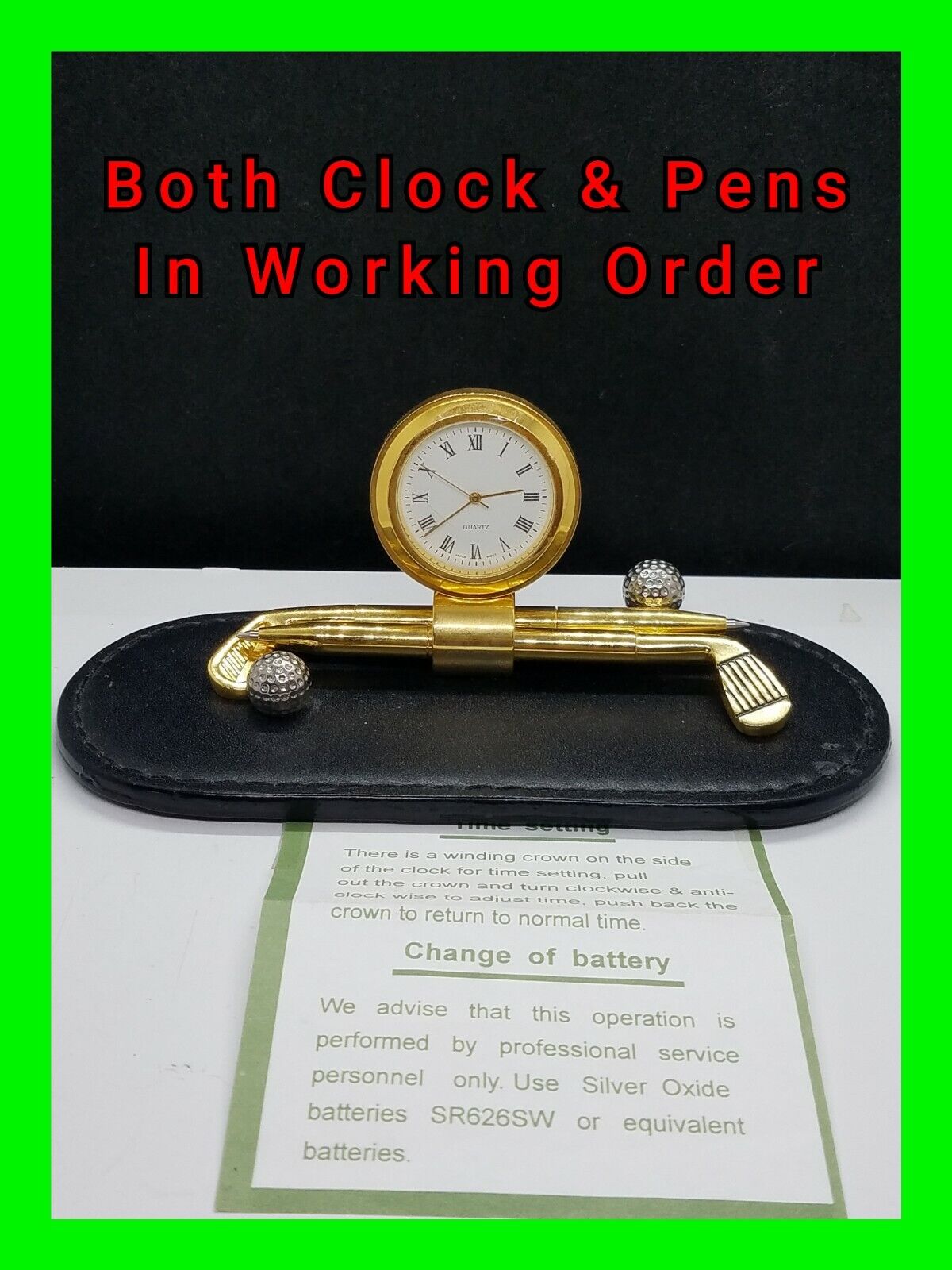 Unique Vintage Golfing Desk Pen and Clock Set In Working Condition Fresh Battery