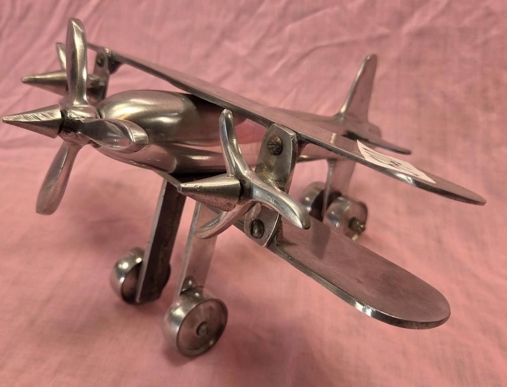 Vintage Look Art Deco Aluminum Airplane Desk Sculpture Propellers Aviation Art