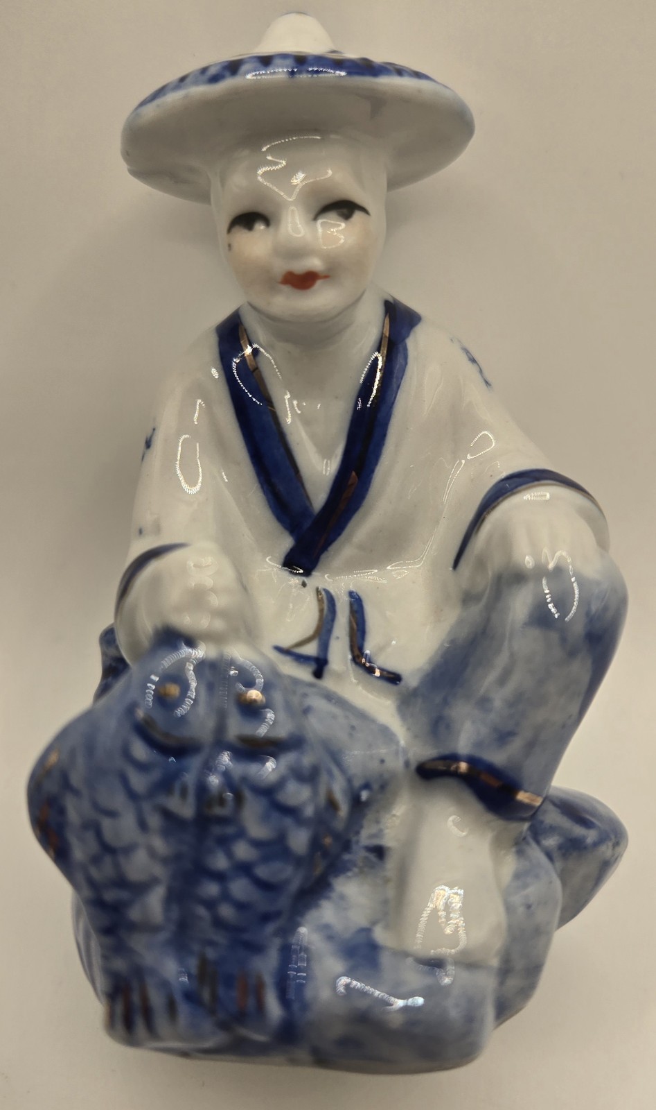 Vtg Porcelain Figure Statue Chinese Fisherman 2 Fish Blue and Gold
