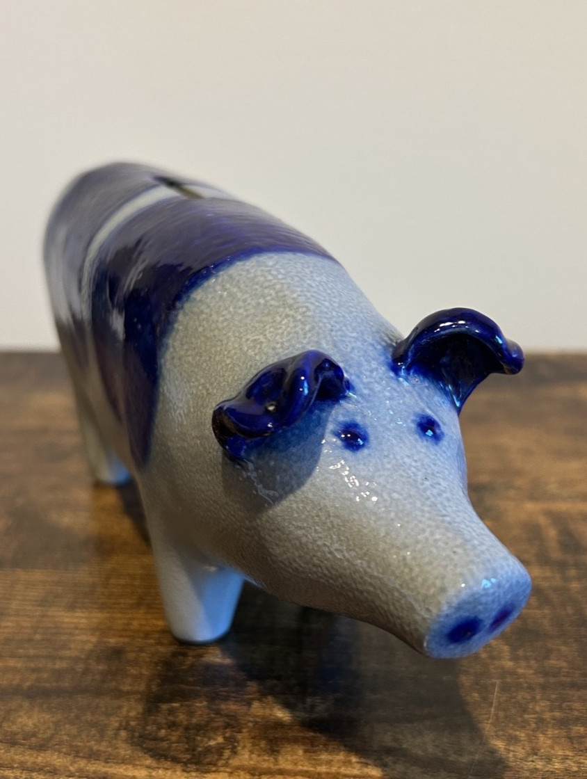 Unique salt-glazed stoneware pig bank w/cobalt blue decorations by David Eldreth