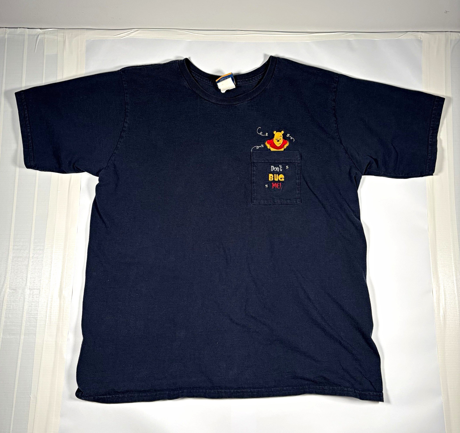 Vintage Disney Winnie The Pooh Pocket T Shirt Embroidered Don't Bug Me Navy XL