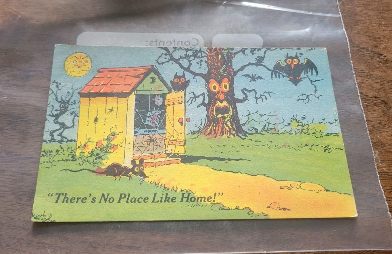 1940s Vintage Canadian HALLOWEEN Postcard There\'s No Place Like Home OUTHOUSE