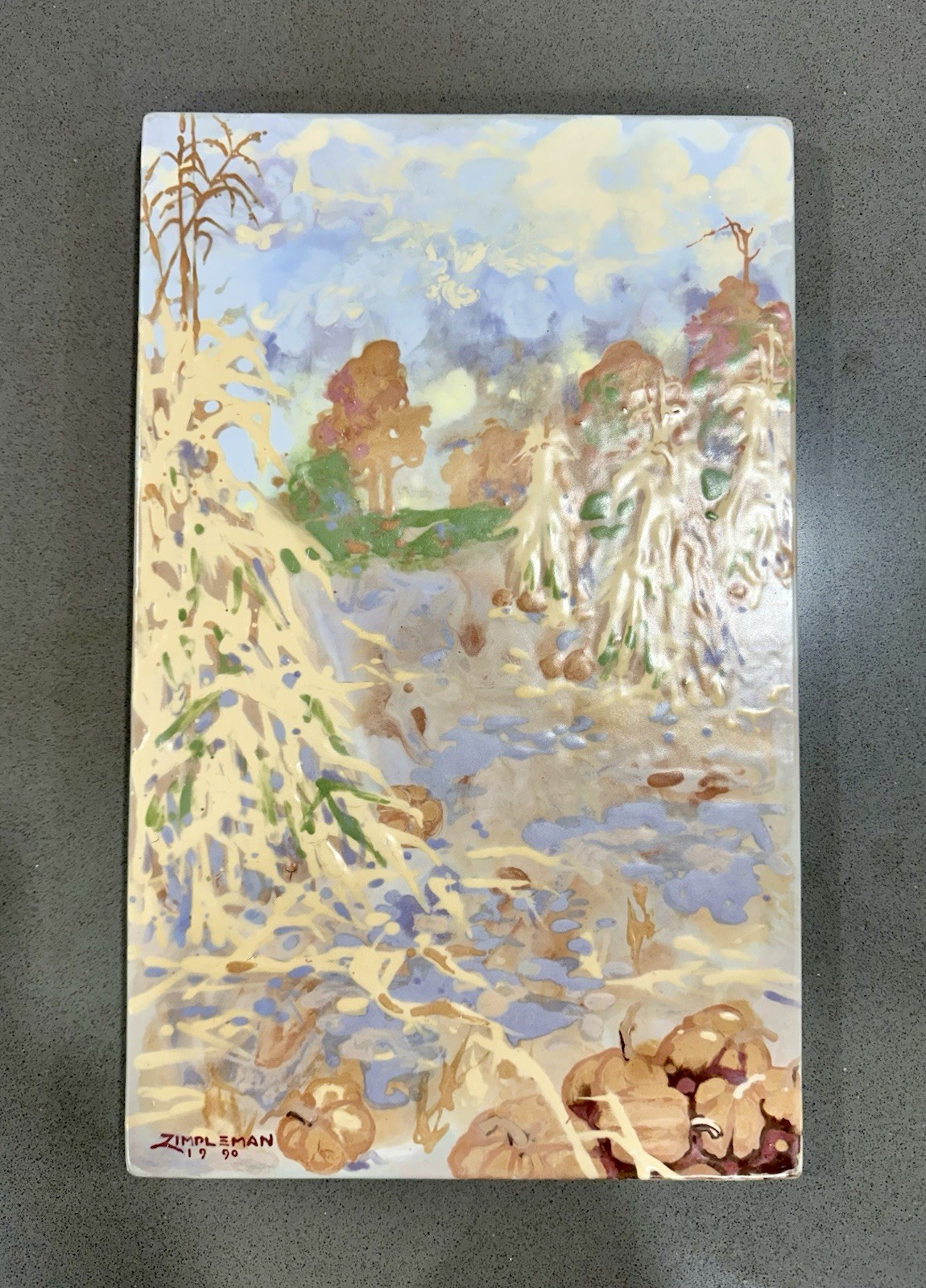 Vintage 1990 Larry Zimpleman Signed Art Pottery Tile Plaque LRG Autumn Landscape