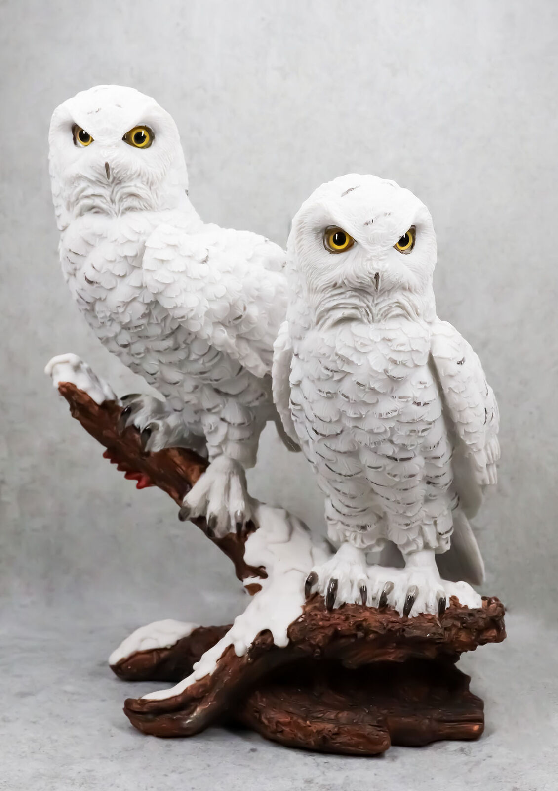 Mystical Two White Snowy Owl Couple Perching On Tree Branch Statue 12.25\