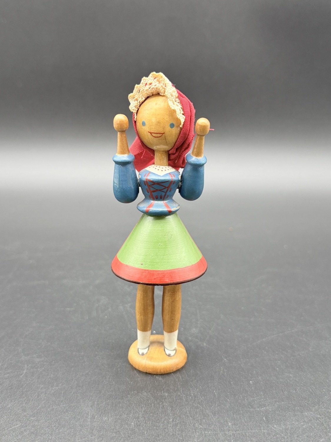 Vintage Wooden Folk Art Dutch Girl Figurine Hand Painted Red Scarf 5