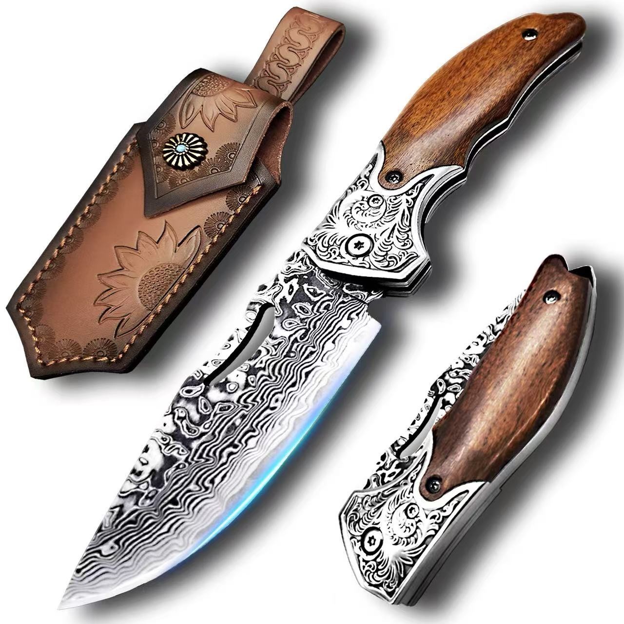 Hand Forged Damascus Pocket Knife Engraved Bolster Wood Handle EDC No Sheath