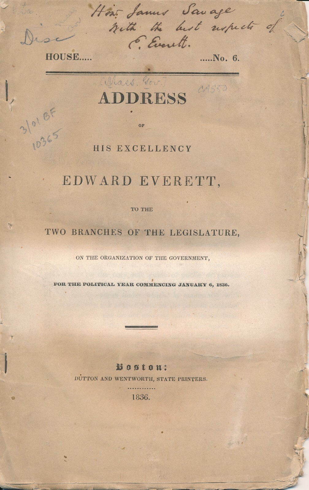 Edward Everett Signs a Copy of His Speech Upon Becoming Massachusetts Governor