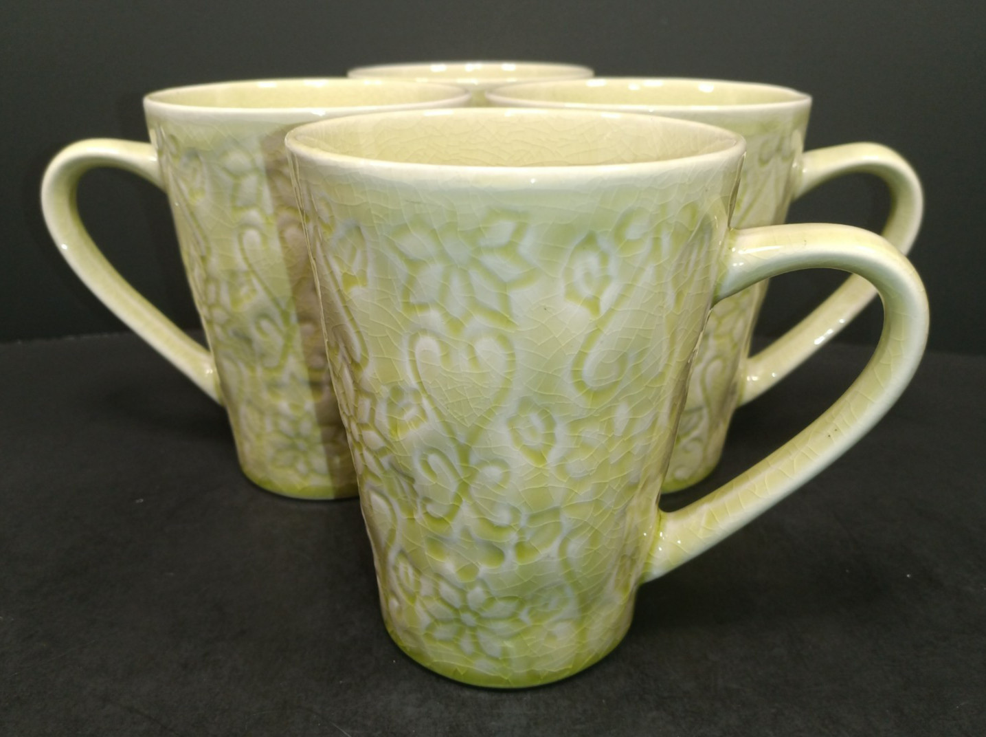 Euro Ceramica Coffee Mugs Teacups Green Drip Glazed Crackle Finish Set of 4