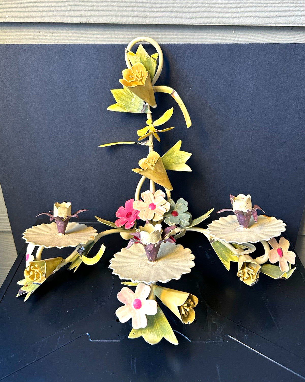 Vintage Italian Tole Floral Wall Sconce 3 Arm Candle Holder Hollywood Regency