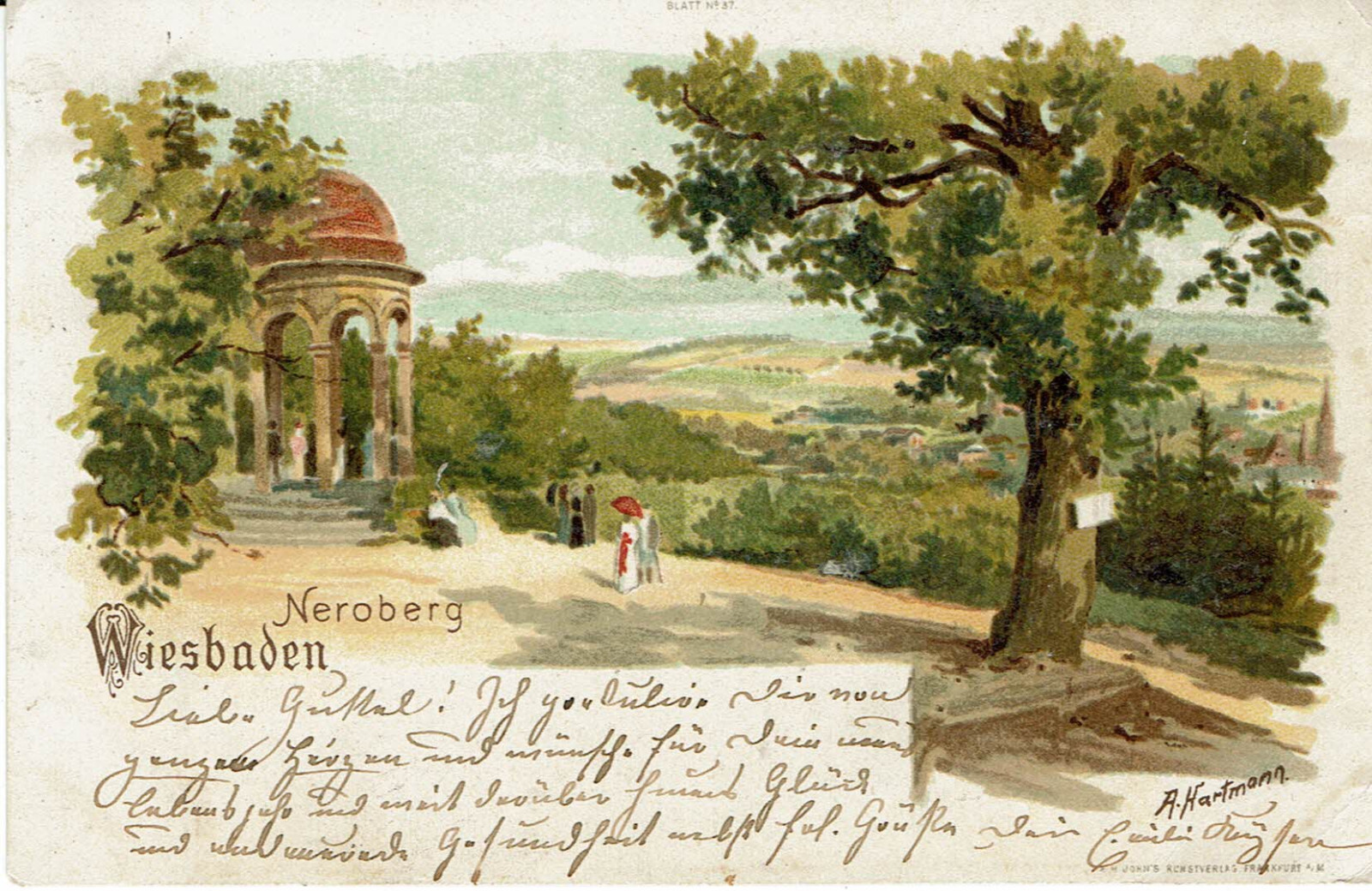 Postcard of Wiesbaden, temple on the Neroberg, artist card, A. Hartmann, gel. 1899