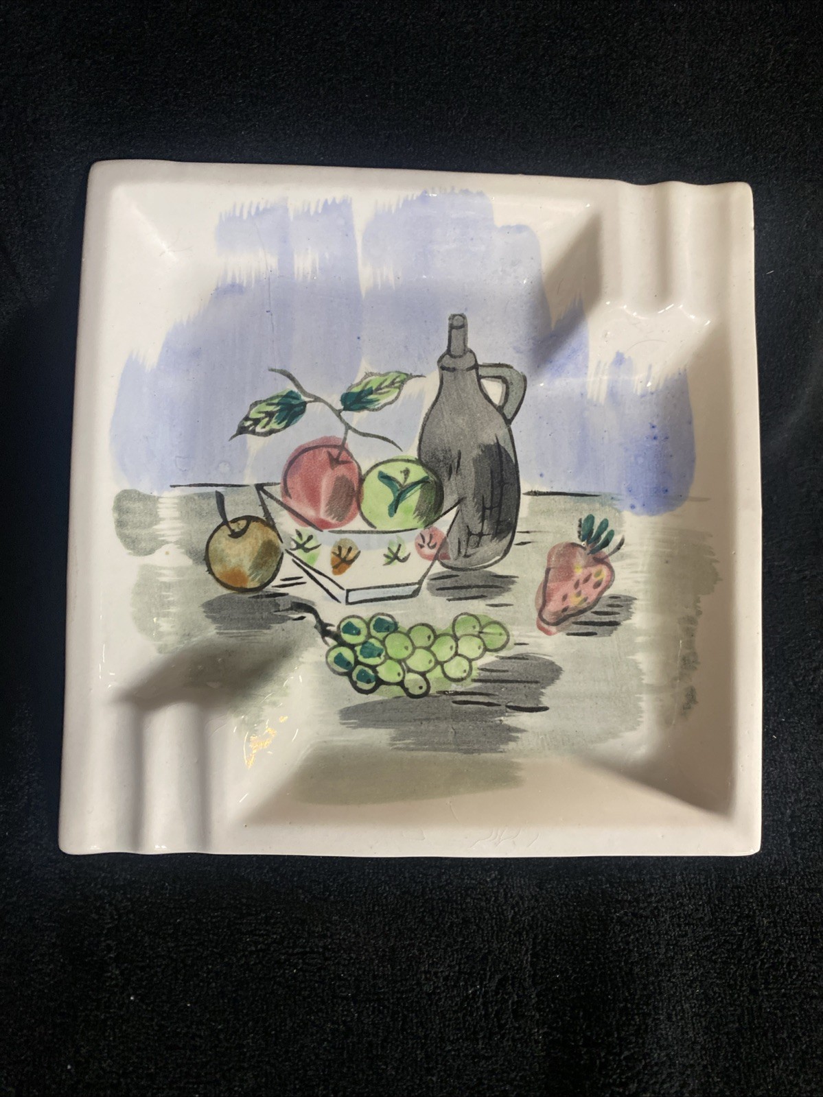 Ucagco Vintage Ceramic Ash Tray Dish Wine/Fruit Theme 7” Square Very Retro