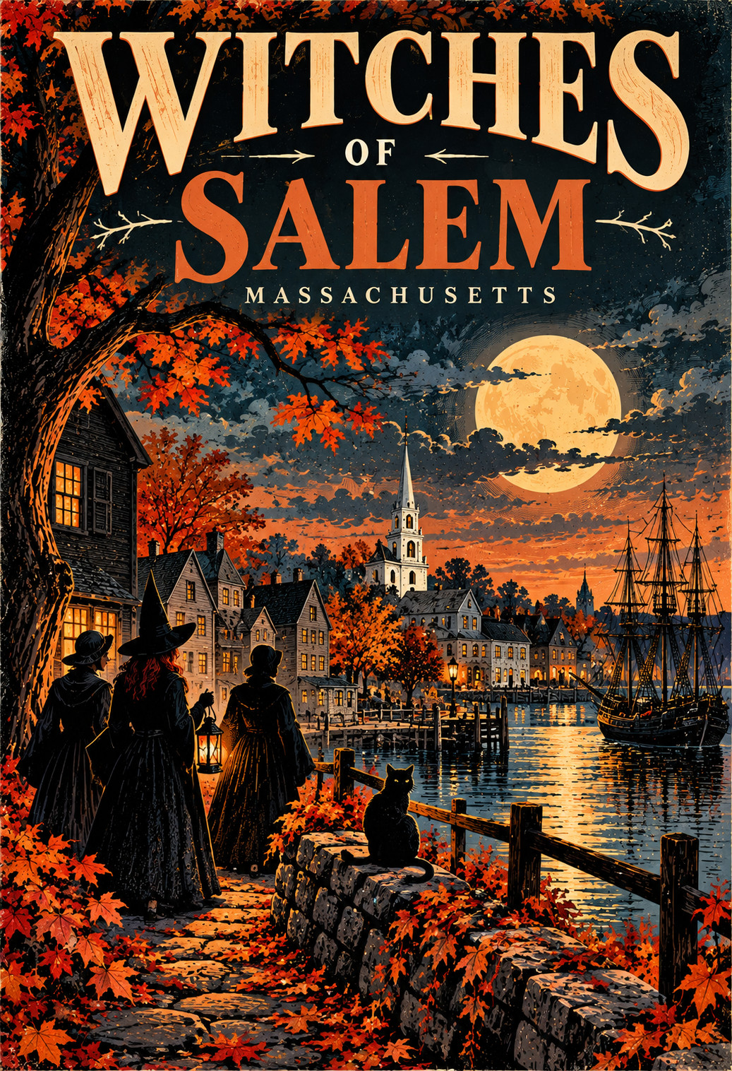Witches of Salem Massachusetts Vintage Halloween Witch Travel Art Poster 13x19