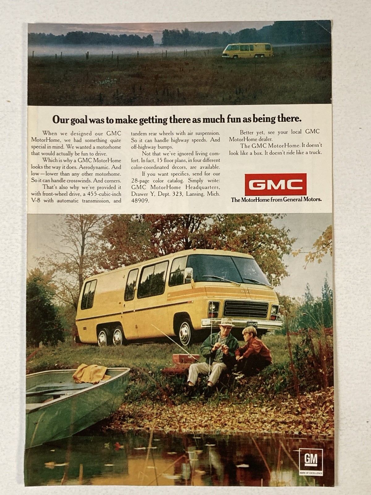 1974 GMC Motorhome Print Ad Camper Goal Getting Fun Fishing