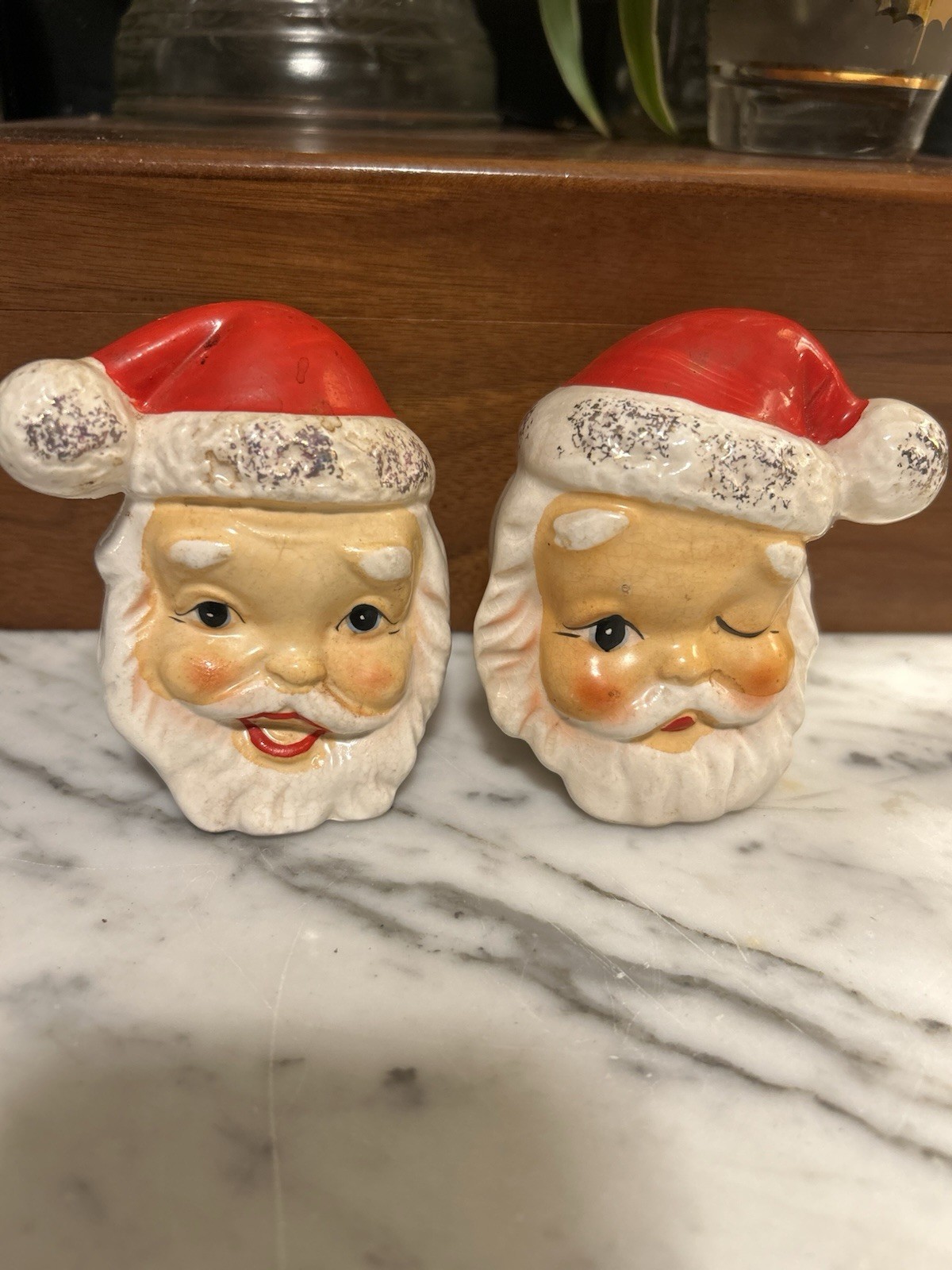 Vtg 1950s Winking Santa Head Salt & Pepper Shakers Ceramic Christmas Japan 