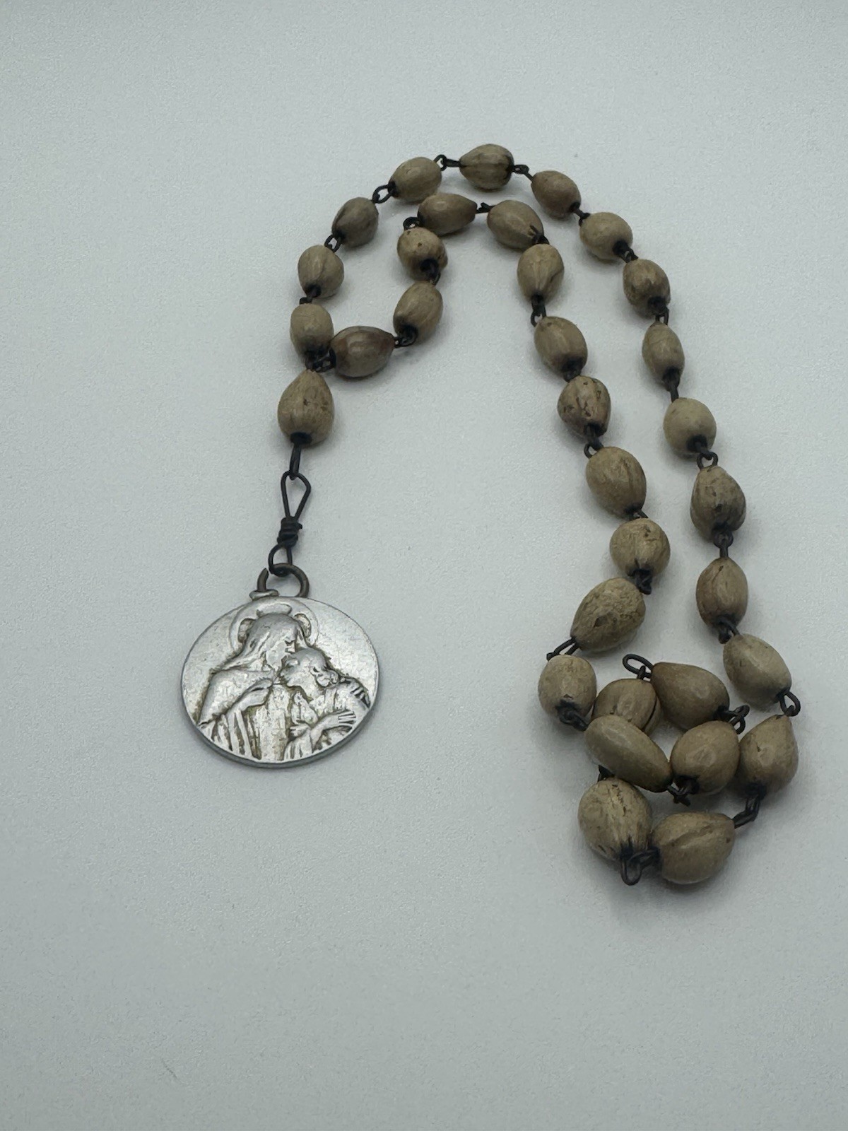 Vintage Job\'s Tears Seed Rosary with Sacred Heart Jesus Medal
