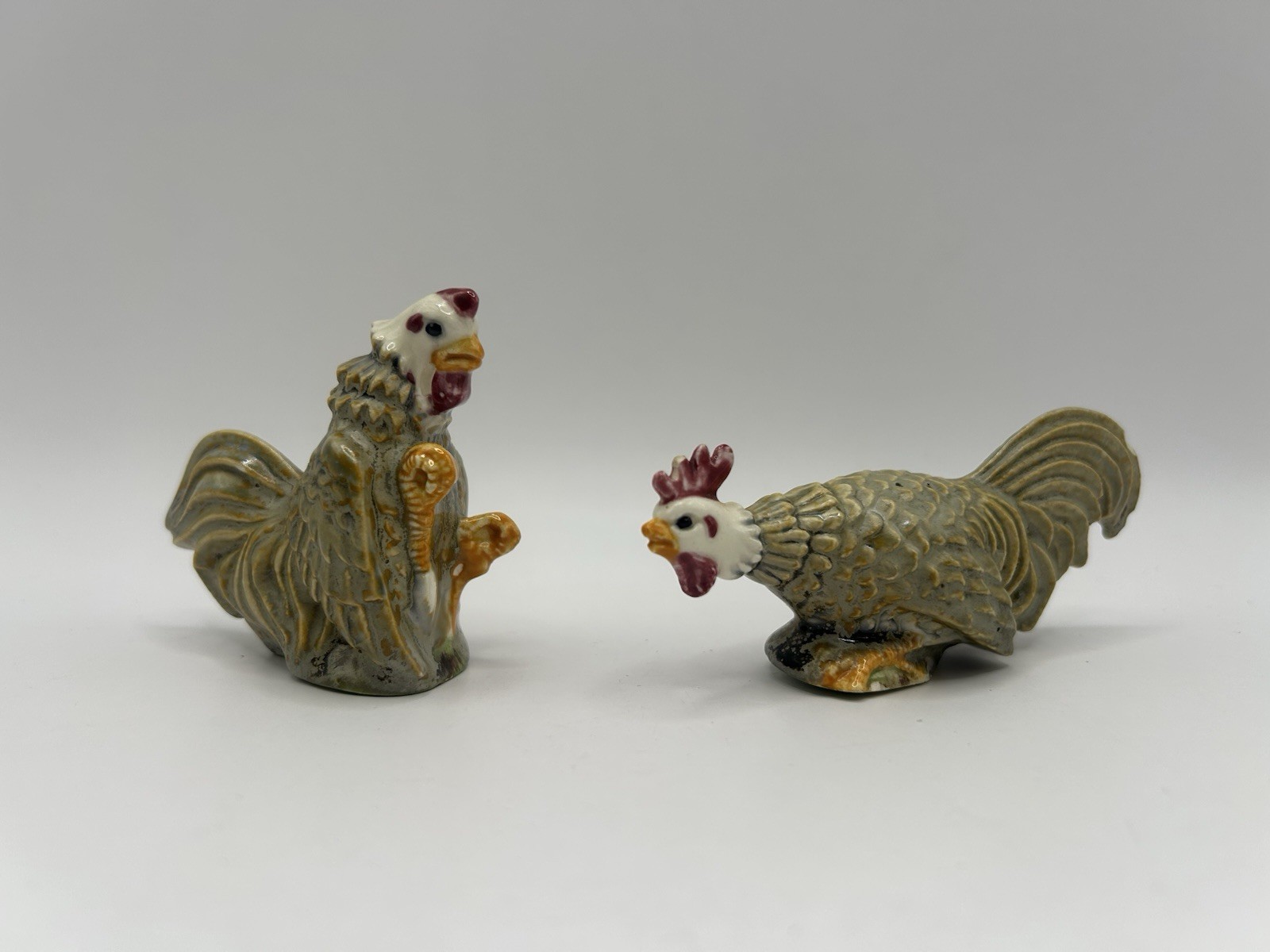 Vintage Hand Painted Rooster Chicken Figurine Pair Pottery Ceramic Folk Art Cock