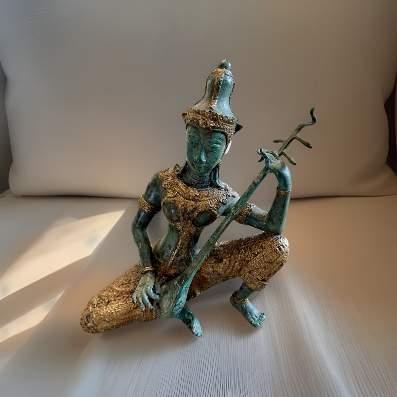 MCM Thai Verdigris Cast Bronze Celestial Musician Statue Gold Gilt Asia Figurine