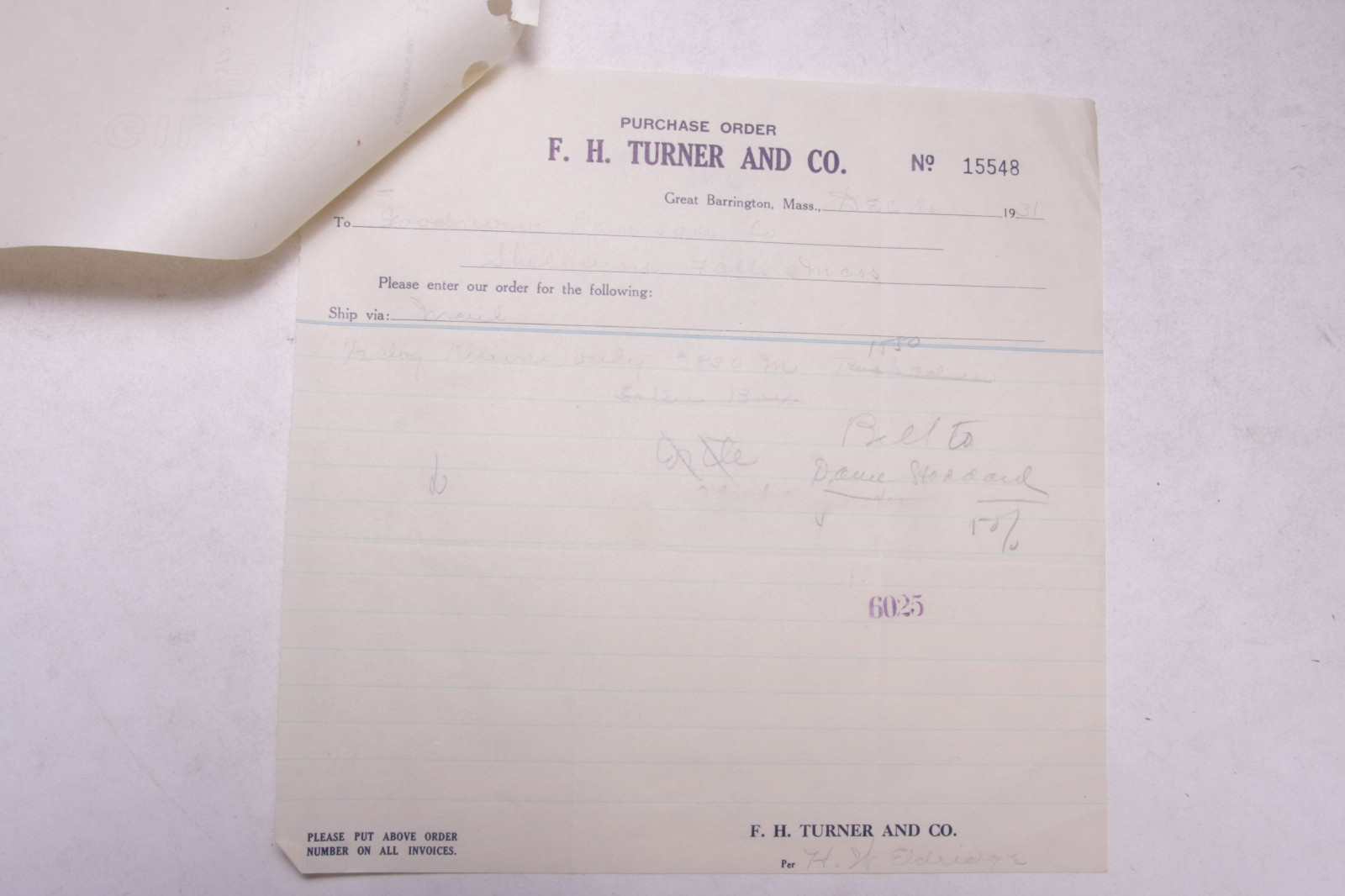 1931 Lamson Goodnow F H Turner Co Great Barrington MA Order Ephemera P381H