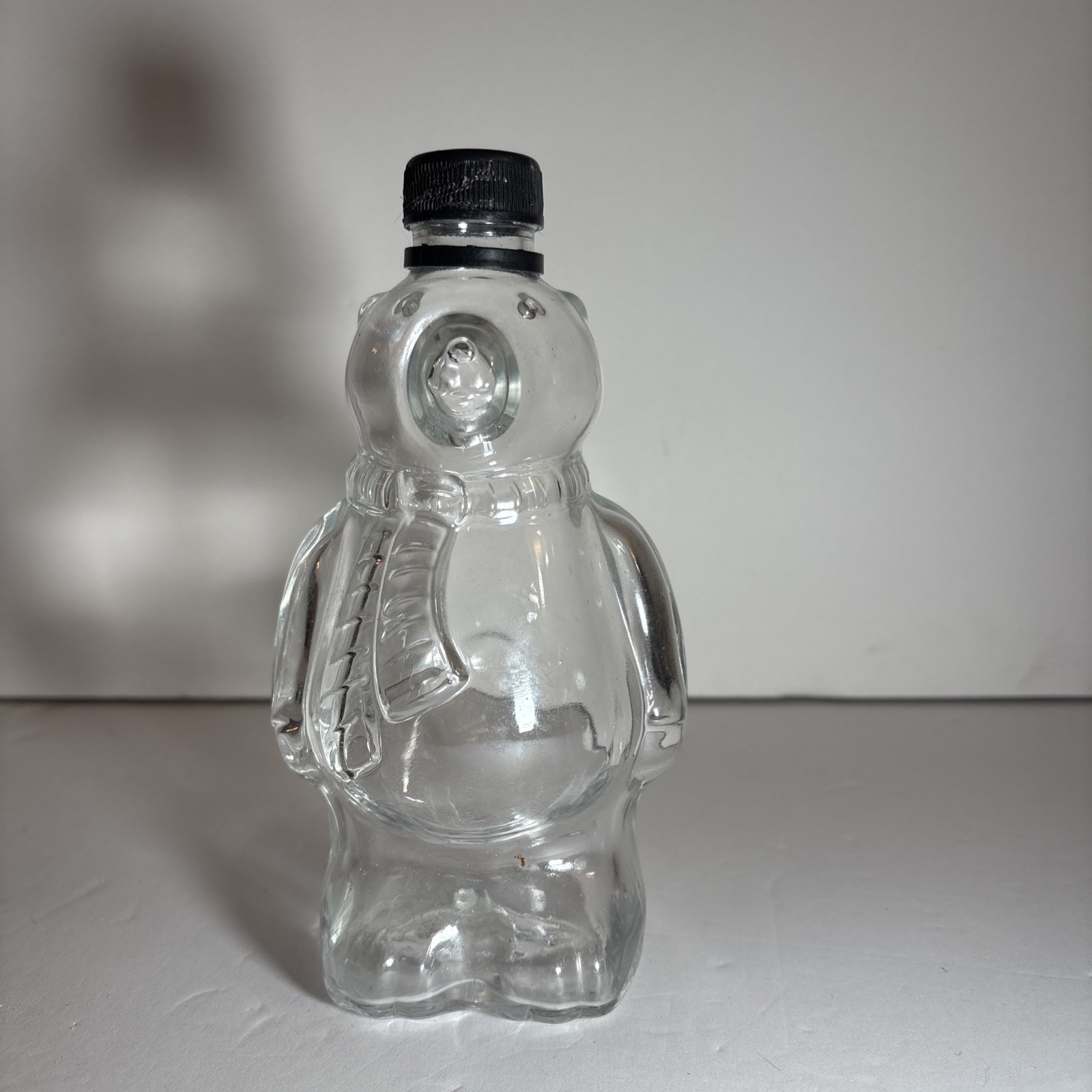 Vintage Clear Glass Bear Wearing a Scarf Bottle Figural