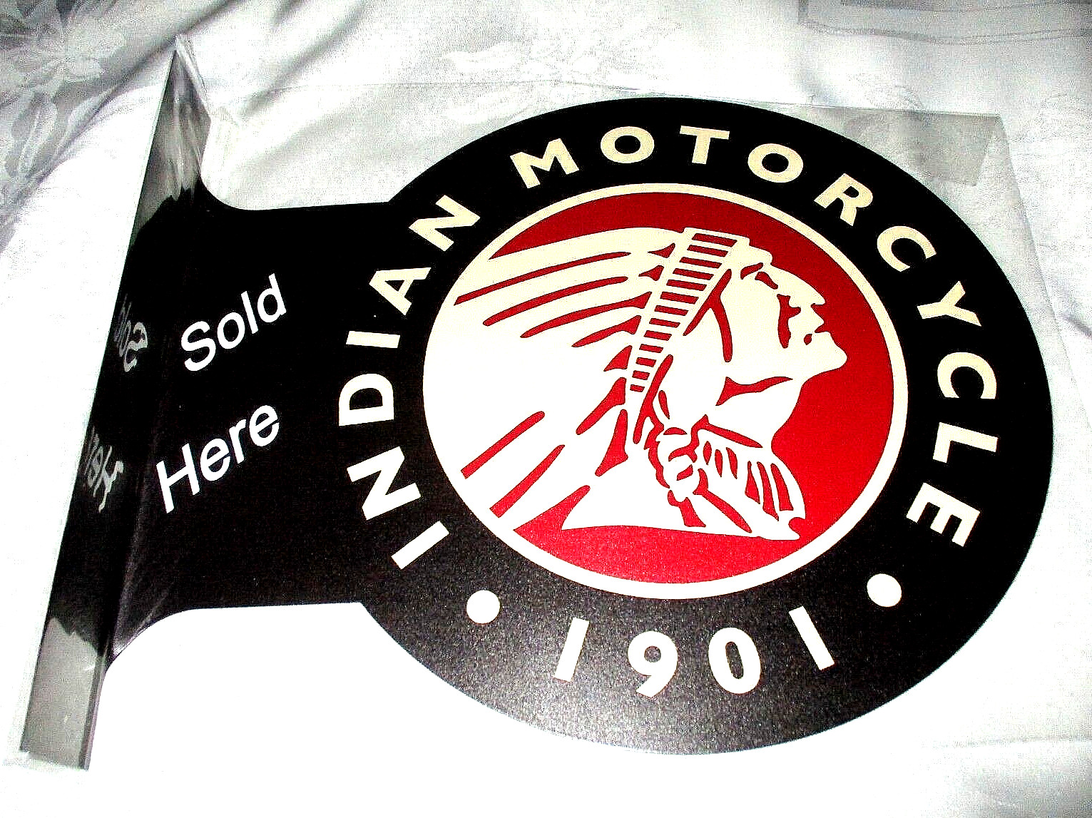 INDIAN MOTORCYCLES SOLD HERE Double-Sided Imprint Metal Flange Sign #01 - NEW**