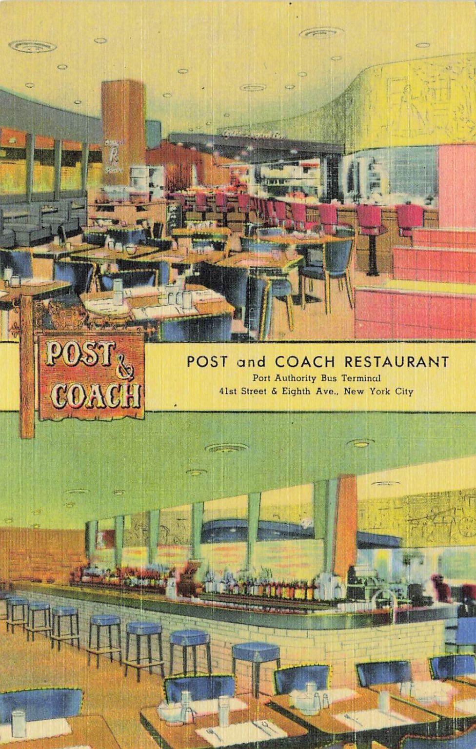 Post & Coach Restaurant NYC Port Authority Bus Terminal Curteich Postcard 1940s