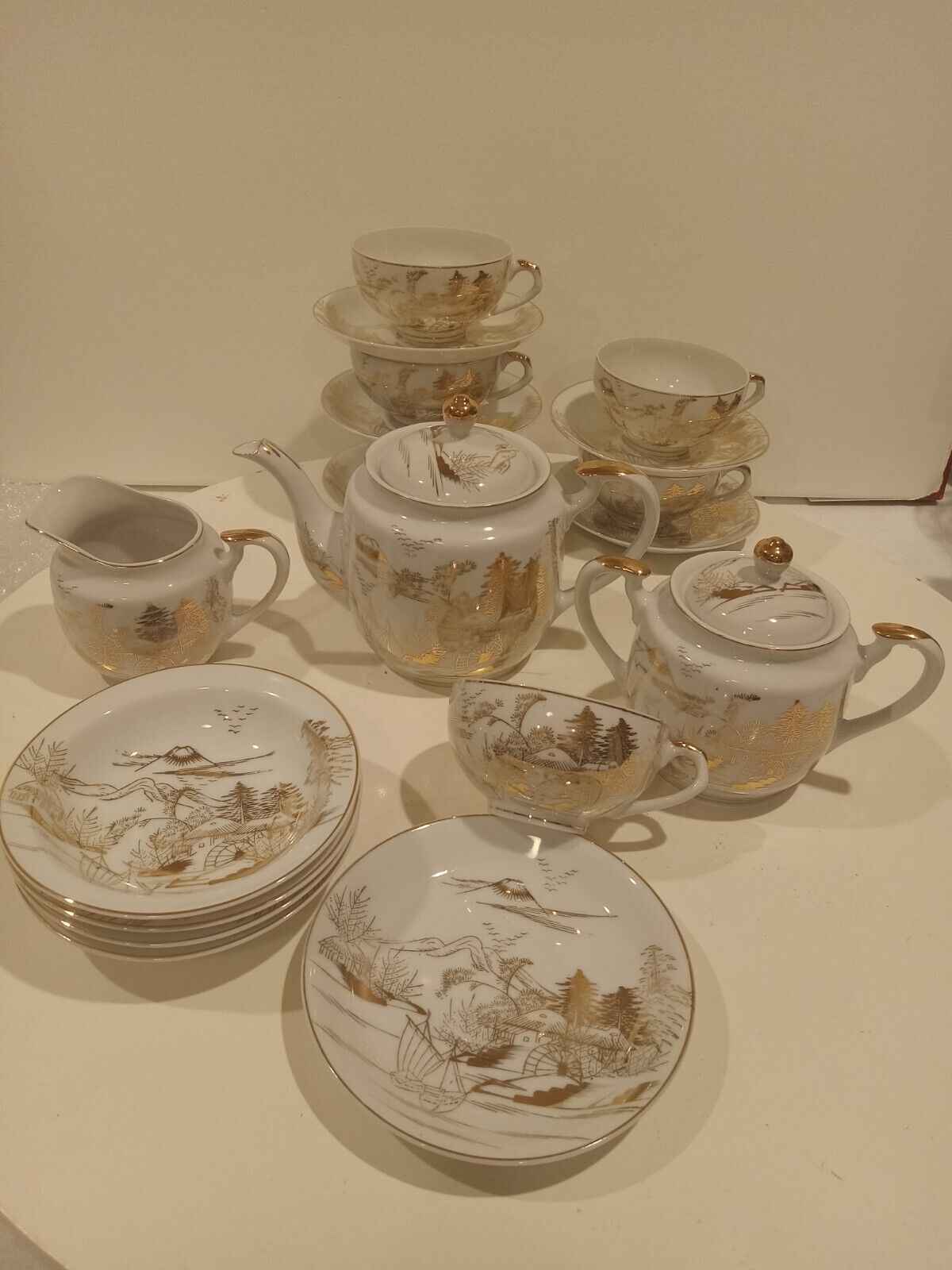 Vintage Kutani Gold Hand Painted Fine China Tea Set Service 6  W/Geisha In Cups 