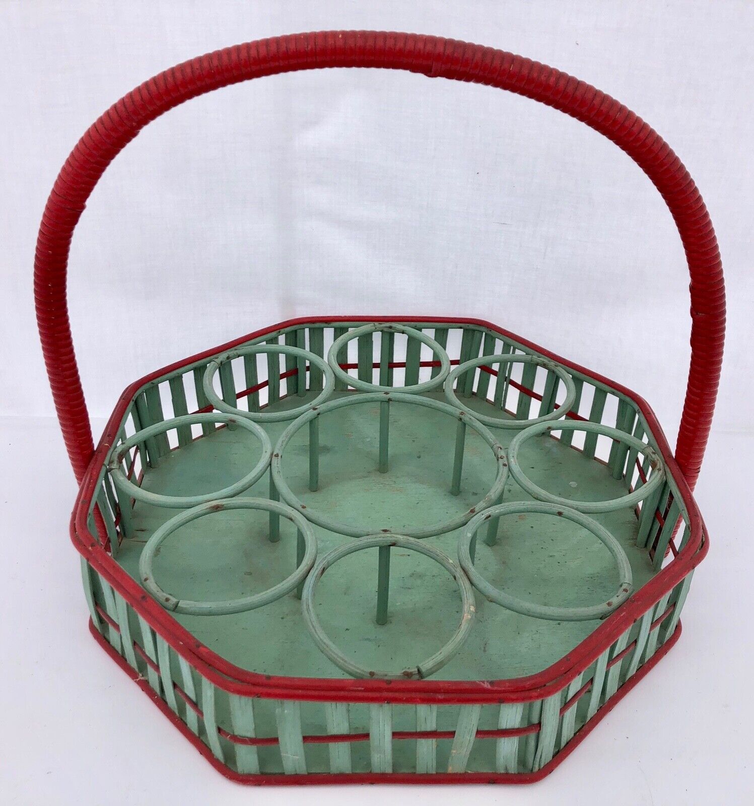 Mid-1900s Octagonal Wicker Carrying Basket Eight Glasses One Bottle, Green/Red