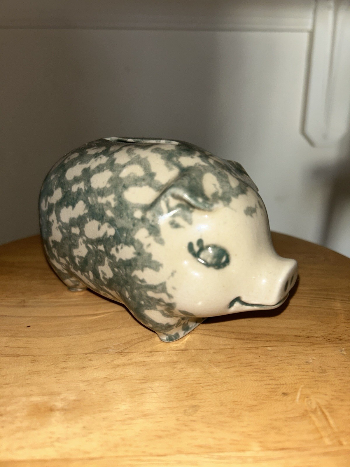 Vintage Clay City Pottery Green Spongeware Bank
