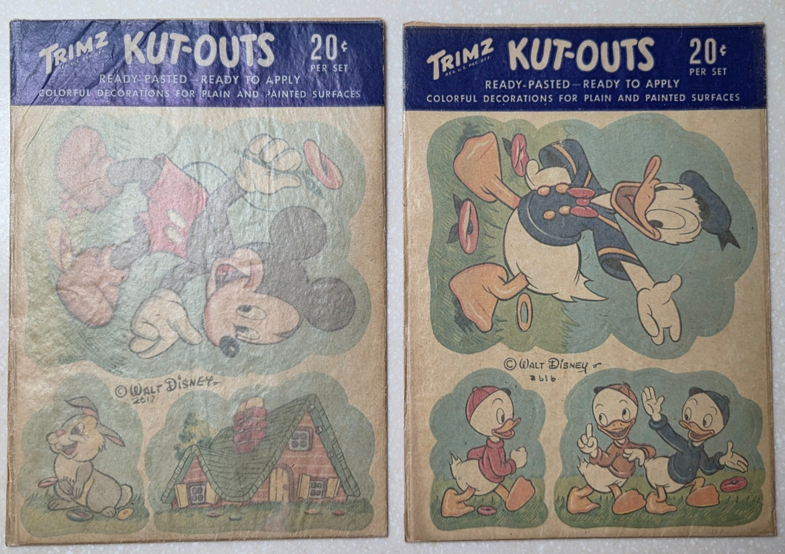 Vintage 1940\'s Walt Disney MICKEY MOUSE and DONALD DUCK KUT-OUTS Ready Pasted