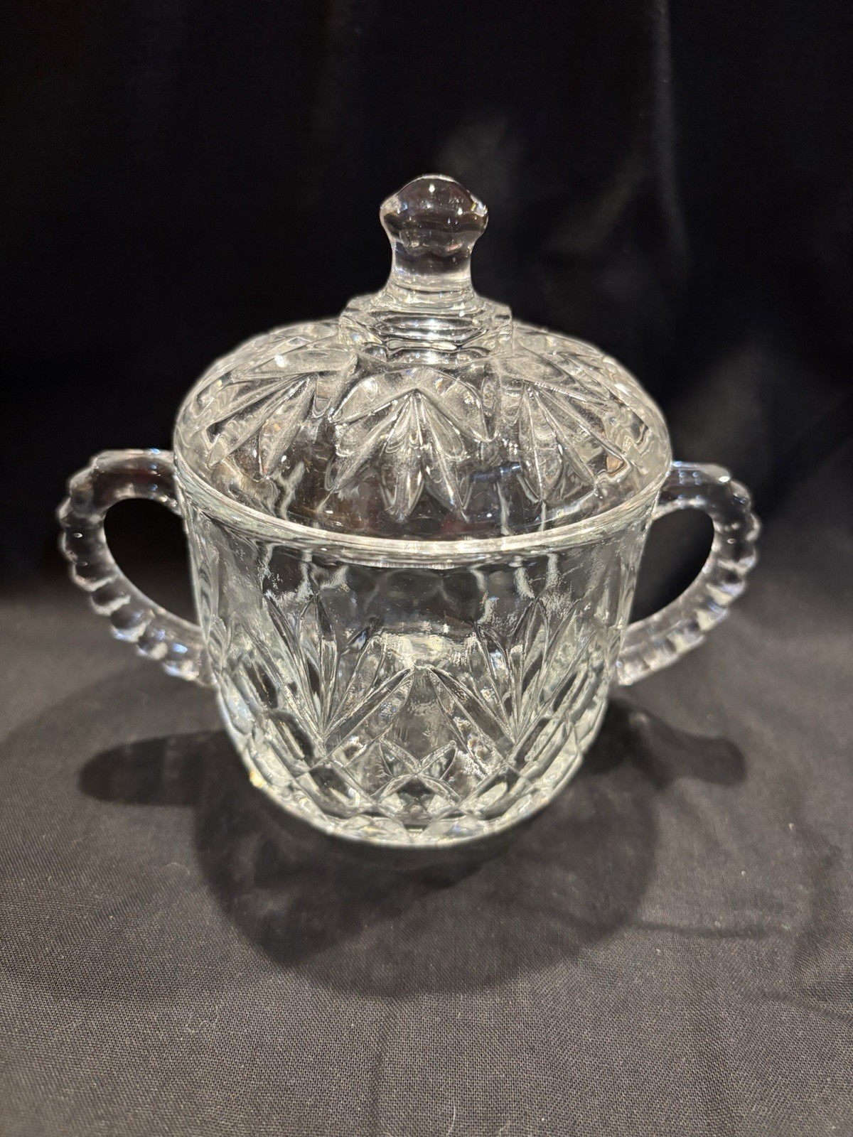 Vintage Clear Glass, Sugar Bowl With Lid, Starburst Floral Diamond Pattern