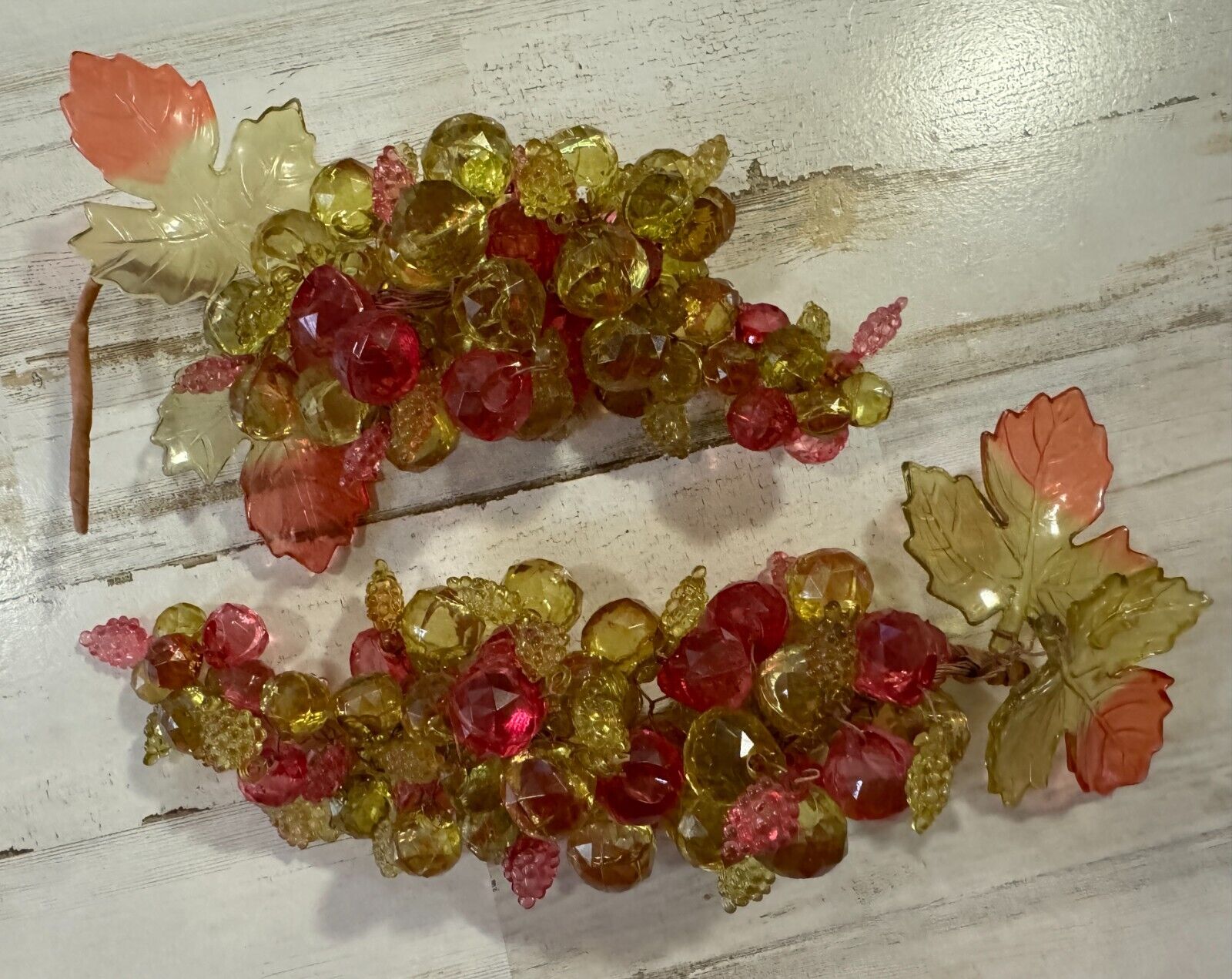 Pair of Vintage Faceted Lucite Grape Cluster Raspberry Pink Golden Yellow 1960s
