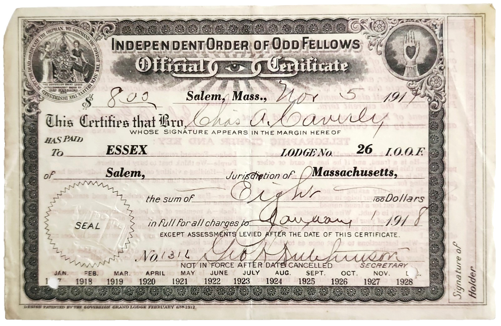 1917 IOOF Odd Fellows Official Certificate Essex Lodge 26 Salem Telegraphic Key