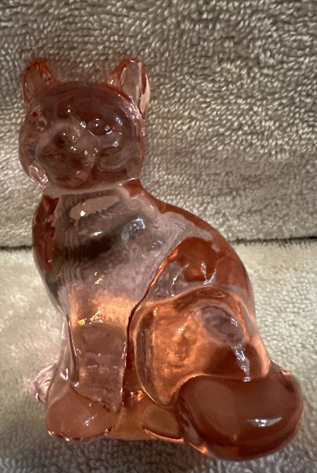Fenton Pink Transparent Glass Sitting Cat With Label  3 1/2 X 2 Inches