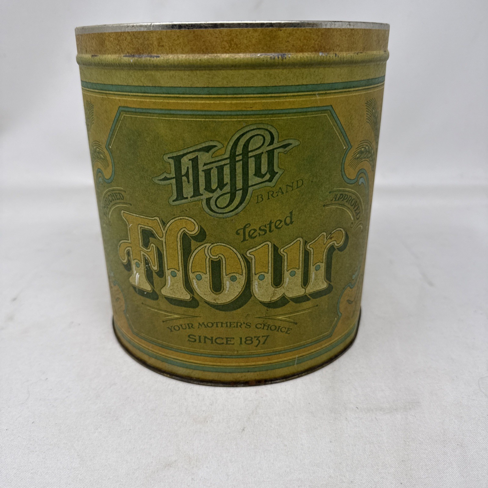 Vintage Fluffy Flour Canister 1970s Green Retro Kitchen Baking Tin Ballonoff USA