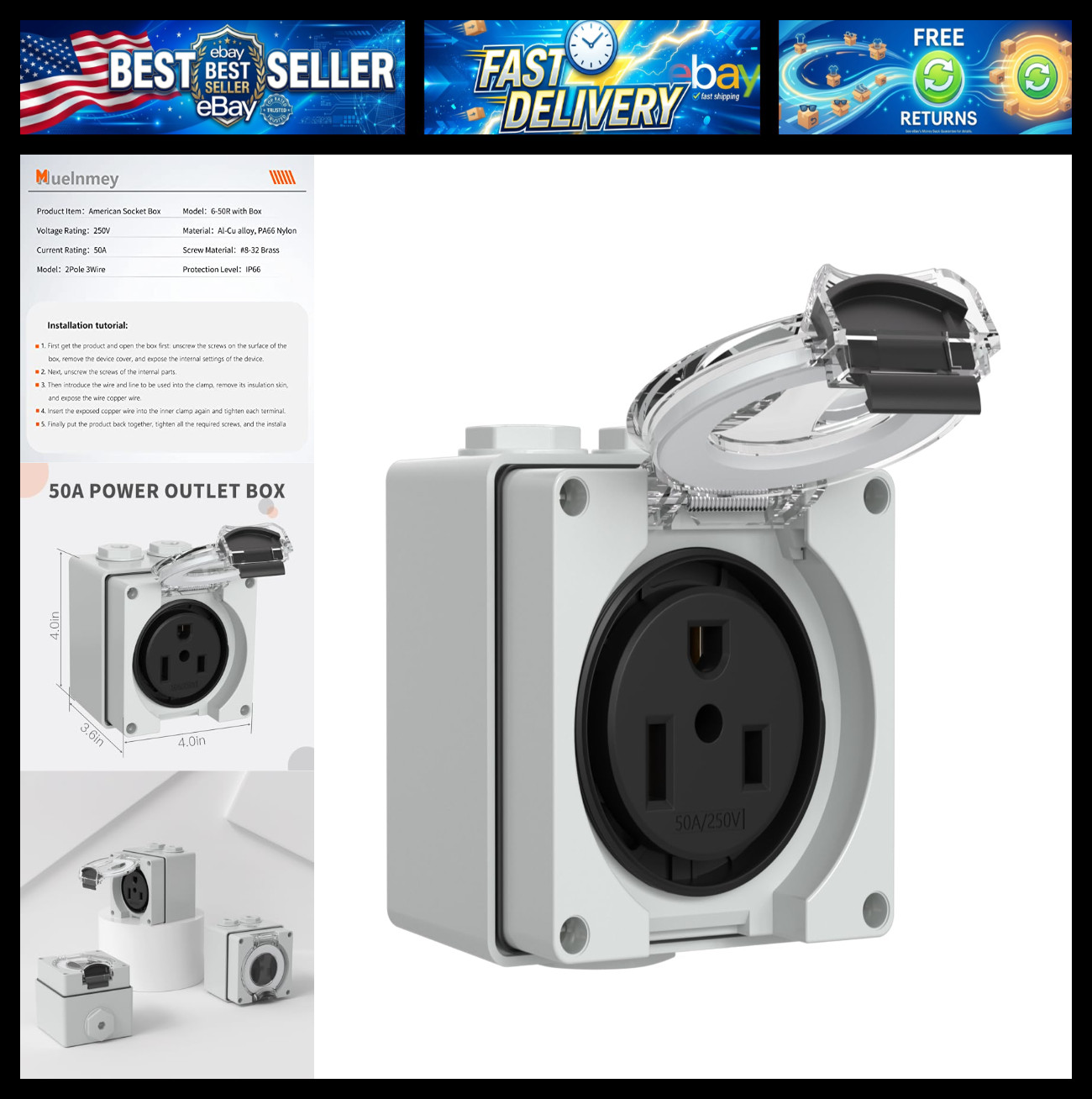 50Amp Power Outlet Box,250Volt NEMA 6-50R Receptacle Outdoor dustproof and Weath