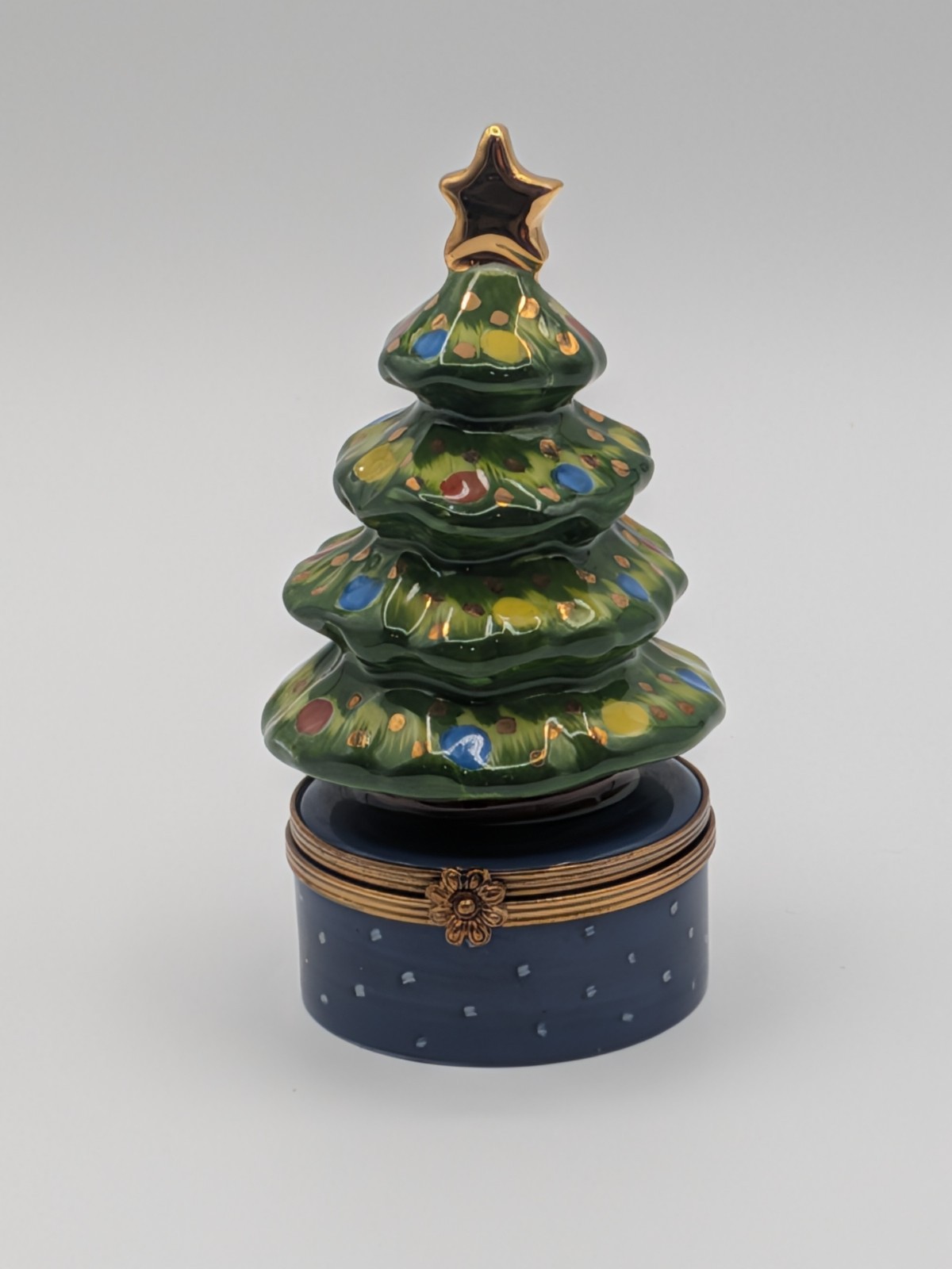 Chamart Limoges Christmas Tree Trinket Box Hand Painted France Porcelain Blue