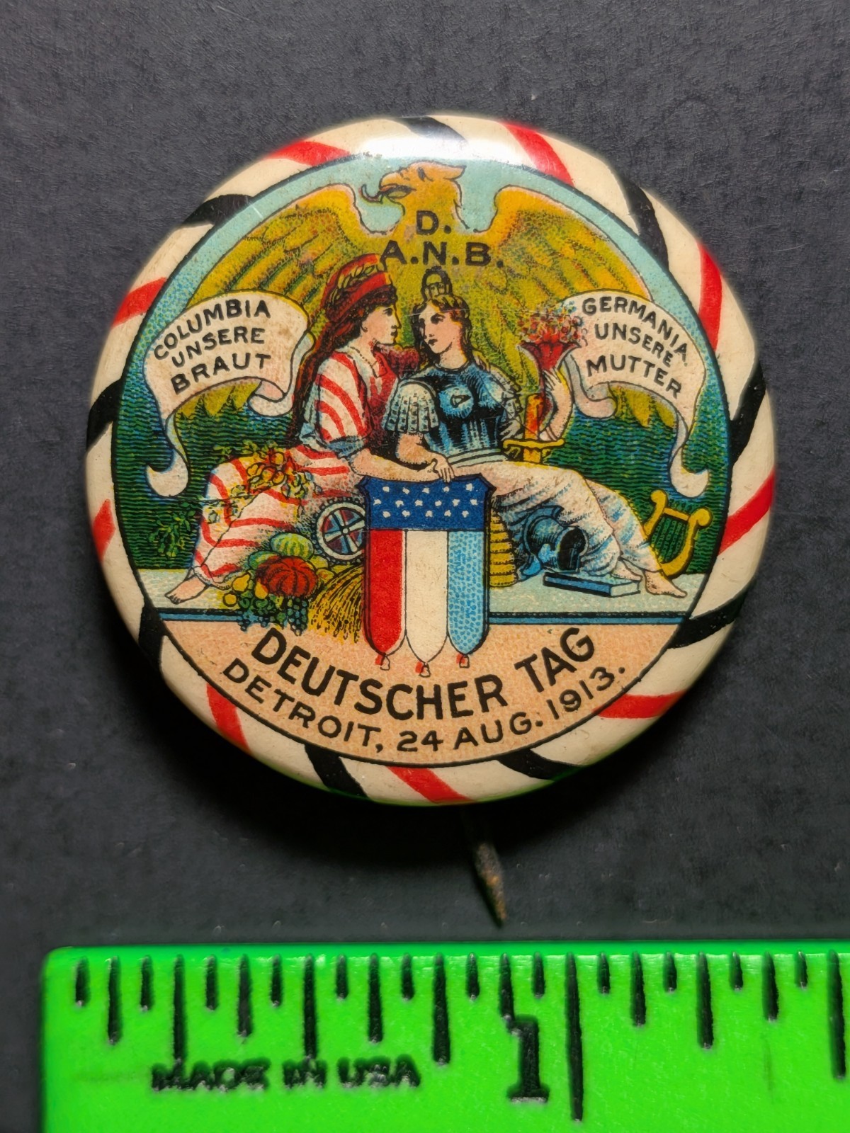 Vintage 1913 German Day Detroit Pinback Pin Vintage 1913 German Day Detroit Pinback Pin
